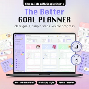 Puede incluir: Una interfaz de planificador de objetivos digital en una pantalla de portátil, con el texto The Better GOAL PLANNER, clear goals, simple steps, visible progress. El diseño incluye secciones para áreas de vida, estados y paneles de progreso.