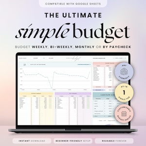 Może przedstawiać: Laptop wyświetla arkusz budżetowy z tekstem "The Ultimate Simple Budget". Ekran pokazuje wykresy, tabele i ikony waluty, pojedynczej karty i konfigurowalnych okresów budżetowych. Projekt jest czysty z pastelowymi kolorami.