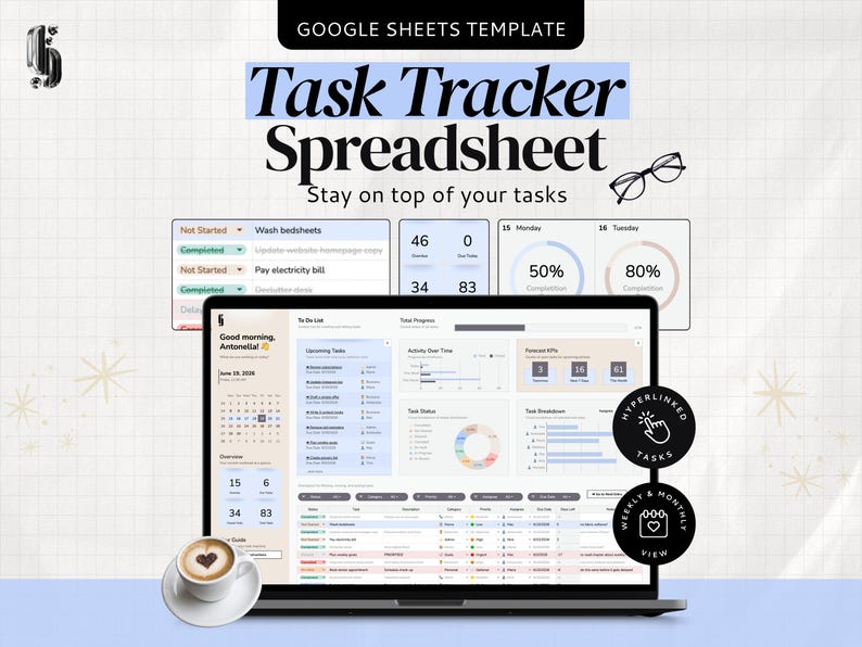 Task Tracker Spreadsheet shown on a laptop with task dashboard, progress charts, upcoming tasks, and weekly and monthly task views.