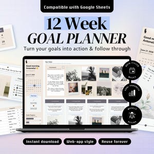 12 Week Goal Planner Google Sheets, Goal Tracker Spreadsheet, Quarterly Goals Planner for Google Sheets Spreadsheet Template, 90 Day Planner