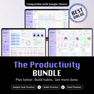May include: A digital productivity bundle featuring three computer screens displaying a task tracker, habit tracker, and goal planner. The interface includes charts, calendars, and lists with purple accents. Text reads: The Productivity BUNDLE.