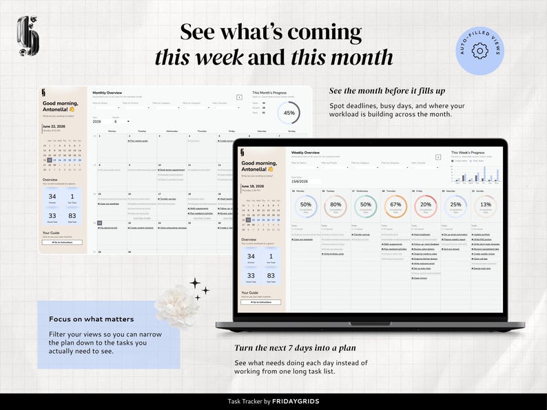 Basic Task Tracker with automatically filled weekly and monthly views for seeing deadlines, busy days, and upcoming tasks.