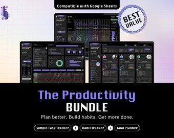 Productivity Spreadsheet Bundle for Google Sheets, Dark Mode Habit Tracker, Task Tracker & Goal Planner Templates