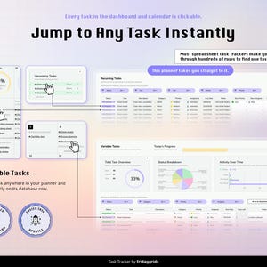 A task tracker spreadsheet for Google Sheets: A digital task tracker interface featuring a dashboard and calendar with clickable elements. The layout includes text stating Jump to Any Task Instantly, Clickable Tasks, and One-Click Navigation. It displays task lists, progress charts, and status breakdowns in a light purple and white color scheme.