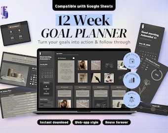 Dark 12 Week Goal Planner Spreadsheet for Google Sheets, Action Plan, Vision Board & Progress Dashboard