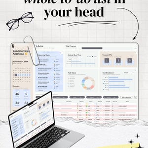 Task Tracker Spreadsheet for Google Sheets shown as an organized productivity dashboard for managing tasks, priorities, deadlines, progress, and weekly and monthly planning.