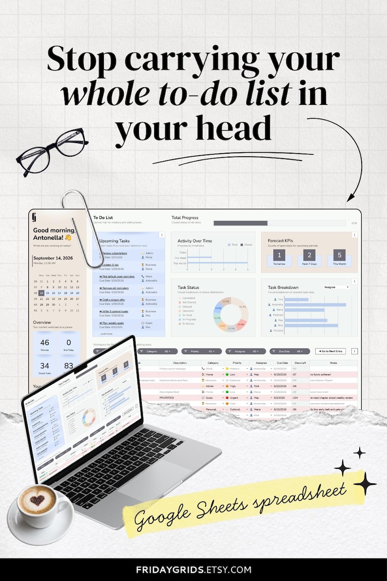 Task Tracker Spreadsheet for Google Sheets shown as an organized productivity dashboard for managing tasks, priorities, deadlines, progress, and weekly and monthly planning.