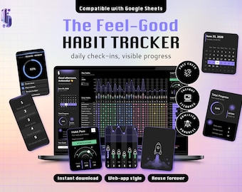 Dark Theme Habit Tracker Spreadsheet for Google Sheets, Daily Weekly Monthly Habits, Streak & Progress Dashboard