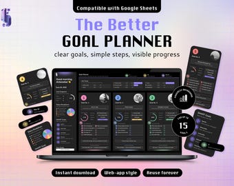 Dark Goal Planner Spreadsheet for Google Sheets, SMART Goal Tracker, Action Step Planner & Progress Dashboard