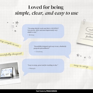 Basic Task Tracker Template customer reviews highlighting the spreadsheet as simple to use, easy to set up, beautifully designed, and useful for tracking tasks.