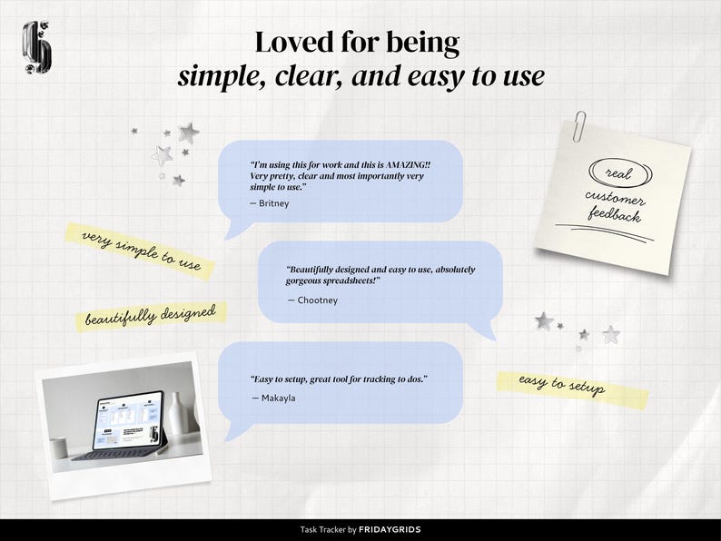 Basic Task Tracker Template customer reviews highlighting the spreadsheet as simple to use, easy to set up, beautifully designed, and useful for tracking tasks.