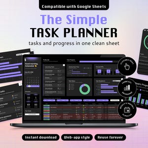 Task Tracker Template Productivity Planner Digital Download Google Sheets Organizer Spreadsheet Project Management System Workflow Dark