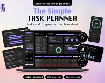 Task Tracker Template Productivity Planner Digital Download Google Sheets Organizer Spreadsheet Project Management System Workflow Dark