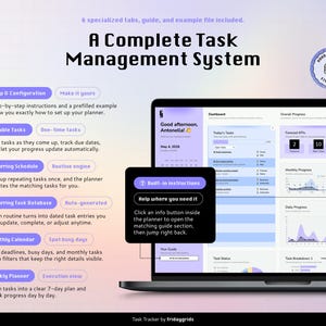 A task tracker spreadsheet for Google Sheets: A digital task management system displayed on a laptop screen, featuring a dashboard with progress charts, a calendar, and task lists. The interface includes built-in instructions, six specialized tabs, and a guide for setup and configuration, recurring schedules, and task tracking.