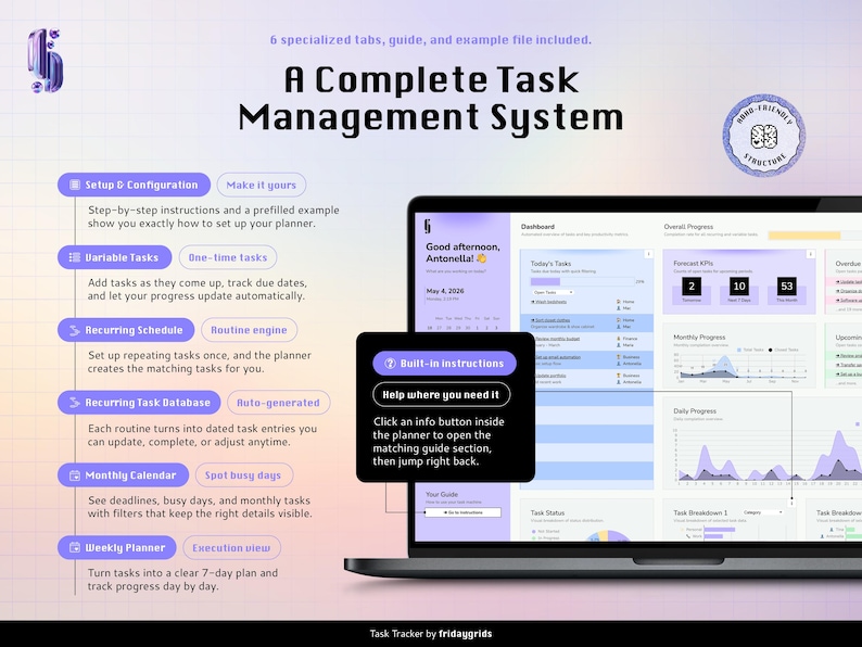 A task tracker spreadsheet for Google Sheets: A digital task management system displayed on a laptop screen, featuring a dashboard with progress charts, a calendar, and task lists. The interface includes built-in instructions, six specialized tabs, and a guide for setup and configuration, recurring schedules, and task tracking.