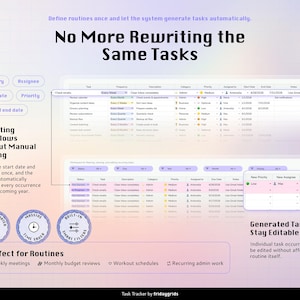 A task tracker spreadsheet for Google Sheets: A digital task tracker interface featuring a grid layout for managing recurring workflows. The display includes columns for task, frequency, description, category, priority, assignee, and dates, with text stating No More Rewriting the Same Tasks.