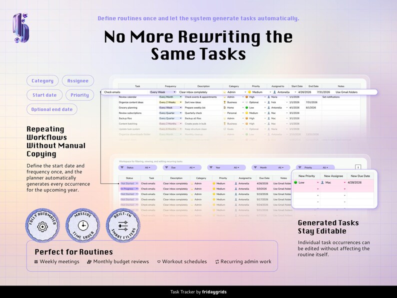 A task tracker spreadsheet for Google Sheets: A digital task tracker interface featuring a grid layout for managing recurring workflows. The display includes columns for task, frequency, description, category, priority, assignee, and dates, with text stating No More Rewriting the Same Tasks.
