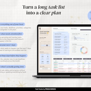 Task Tracker Template showing one dashboard for tasks, deadlines, priorities, upcoming work, weekly planning, and monthly workload.