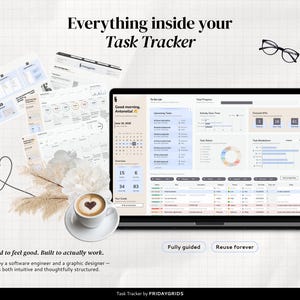 Task Tracker Spreadsheet for Google Sheets with dashboard, task list, weekly and monthly views, instructions, and example file included.