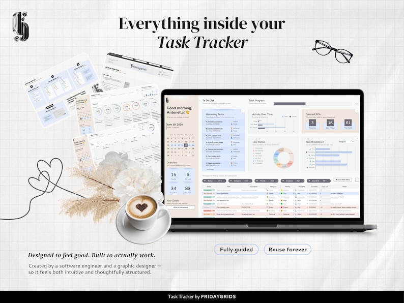 Task Tracker Spreadsheet for Google Sheets with dashboard, task list, weekly and monthly views, instructions, and example file included.