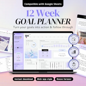 May include: A 12 Week Goal Planner digital template compatible with Google Sheets, displayed on a laptop screen with surrounding interface previews including an action plan, vision board, and progress charts in a light purple and white color scheme.