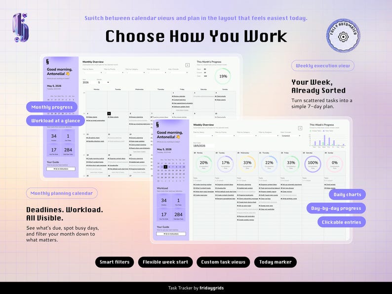 A task tracker spreadsheet for Google Sheets: A digital task tracker interface featuring a monthly calendar view and a weekly execution view. The layout includes progress charts, task lists, and date markers on a soft purple and white gradient background with grid lines.