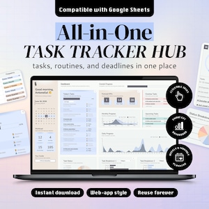 Könnte beinhalten: Ein digitaler Aufgaben-Tracker für Google Sheets auf einem Laptop-Bildschirm, der ein Dashboard mit Aufgabenlisten, Fortschrittsdiagrammen und Kalendern zeigt. Um den Laptop herum befinden sich kleinere Schnittstellenfenster mit Aufgabenübersichten.