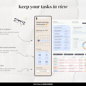 Productivity Tracker dashboard with mini calendar, overdue and due-today totals, upcoming tasks, task status, and quick instructions.