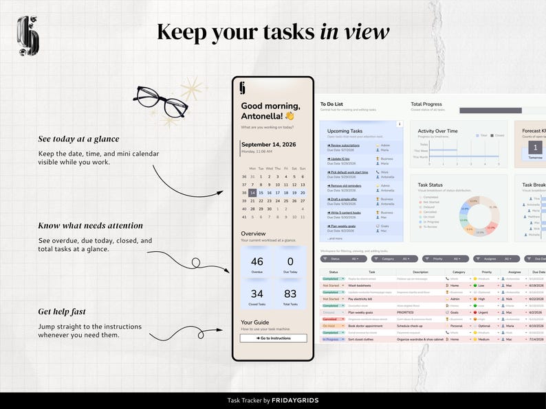 Productivity Tracker dashboard with mini calendar, overdue and due-today totals, upcoming tasks, task status, and quick instructions.