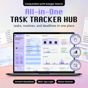 May include: A digital task tracker hub for Google Sheets displayed on a laptop screen, featuring a dashboard with task lists, progress charts, and calendars in a purple and white color scheme. Includes text overlays like All-in-One TASK TRACKER HUB.
