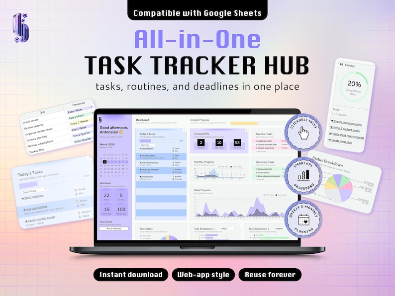 A task tracker spreadsheet for Google Sheets: A digital task tracker hub for Google Sheets displayed on a laptop screen, featuring a dashboard with task lists, progress charts, and calendars in a purple and white color scheme. Includes text overlays like All-in-One TASK TRACKER HUB.