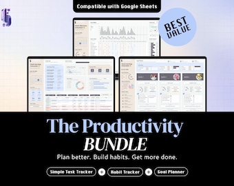Productivity Spreadsheet Bundle, Google Sheets Habit Tracker, Goal Planner, Task Planner