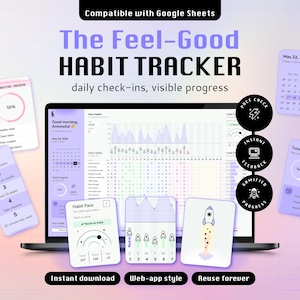 May include: A digital habit tracker interface displayed on a laptop screen, featuring the text The Feel-Good HABIT TRACKER, daily check-ins, visible progress, and Compatible with Google Sheets. Includes various charts, calendars, and rocket icons.