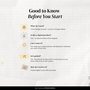 Task Tracker Spreadsheet information page showing Google Sheets access, reusable template, built-in instructions, digital download, and instant access.