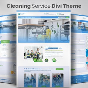 Peut inclure: Conception de site web pour un service de nettoyage, avec un schéma de couleurs bleu et blanc. La conception comprend des sections pour les prix, les services et une équipe de professionnels du nettoyage. Le texte "Cleaning Service Divi Theme" est en haut.