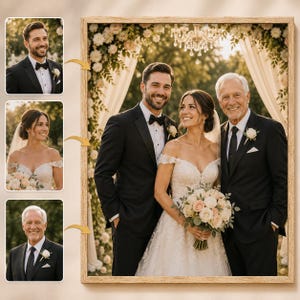 May include: A framed composite portrait featuring three individual headshots on the left and a large central wedding photograph showing a groom in a black tuxedo, a bride in an off-the-shoulder white lace gown, and an older man in a black suit.