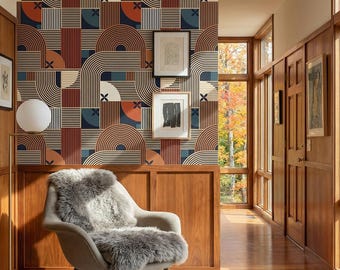 Mid Century Modern Geometric Wallpaper, Navy Terracotta Art Deco Wall Mural