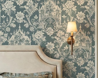 Toile de Jouy Floral Wallpaper, Vintage French Damask Wall Mural, Elegant Decor