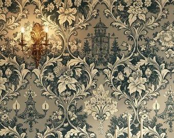 Toile de Jouy Wallpaper, Vintage French Scenic Mural, Classic Blue White Fabric Decor