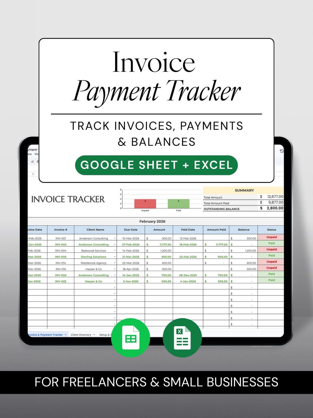 Google Sheets Excel Budget Invoice Tracker Template, Payment Tracker ...