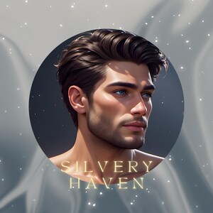 May include: Digital portrait of a man with brown hair and blue eyes, set against a grey background. The text "SILVERY HAVEN" is displayed in gold lettering at the bottom of the image.