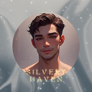 Puede incluir: Retrato digital de una persona con cabello oscuro y tez clara, sobre un fondo suave y borroso. La imagen está enmarcada en un círculo, con el texto "SILVERY HAVEN" en letras doradas en la parte inferior.