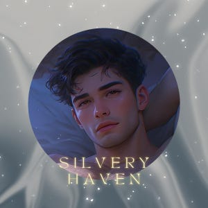 May include: Digital artwork of a man with dark hair and brown eyes, framed in a circle. The text "SILVERY HAVEN" is displayed in gold at the bottom. The background has a soft, dreamy quality with a subtle, shimmering effect.
