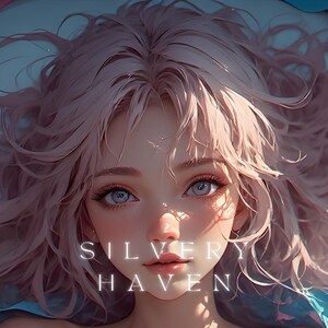 May include: Digital art portrait of a person with light pink hair and blue eyes. The image features the text "SILVERY HAVEN" in white letters. The person's face is centered, with soft lighting and a dreamy aesthetic.