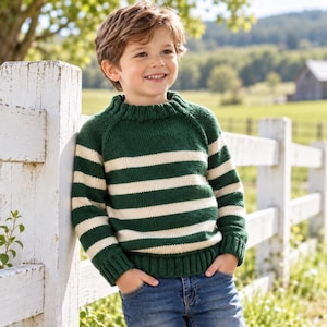 Kids Striped Sweater Knitting Pattern PDF, Top Down Raglan Pullover, Boys Girls Jumper Ages 2-12