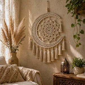 Könnte beinhalten: Ein cremefarbenes, halbmondförmiges Wandbehang mit einem zentralen Mandala-Design. Das Stück ist aus gehäkeltem Garn gefertigt und verfügt über mehrere Quasten. Die Dekoration wird an einer beigefarbenen Wand ausgestellt, mit einer Vase mit Pampasgras und einer dekorativen Laterne in der Nähe.