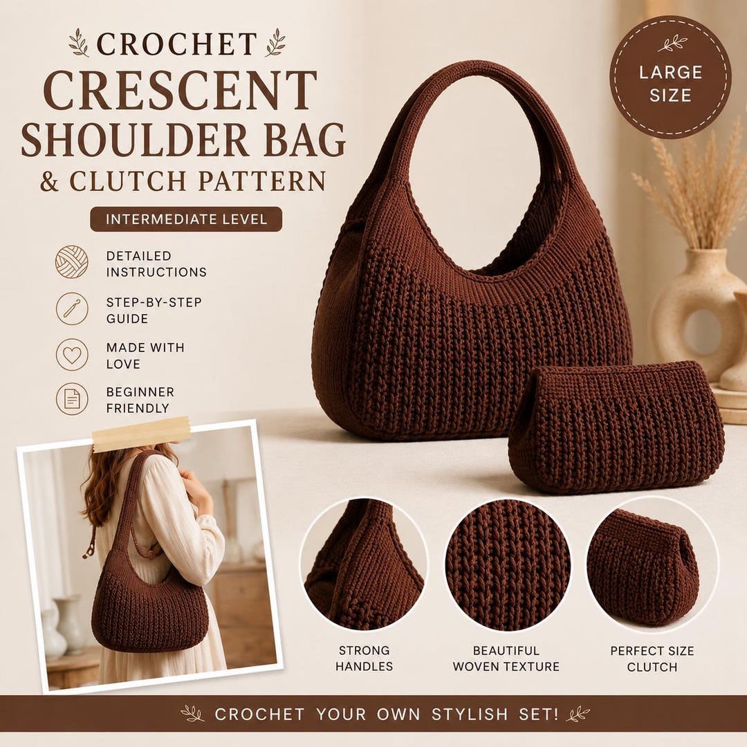 Crochet Crescent Shoulder Bag Pattern PDF, Hobo Bag & Clutch Crochet ...