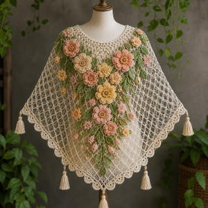 May include: Cream-colored crochet poncho with floral embellishments. The poncho features a delicate net-like pattern, a scalloped edge, and is adorned with peach, yellow, and pink flowers with green leaves. Tassels hang from the corners.