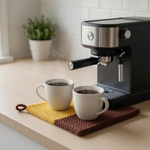 May include: A black and silver espresso machine sits next to two white ceramic mugs filled with steaming coffee. The mugs rest on a square, two-toned yellow and brown crocheted potholder with a small loop on one corner, placed on a light wood surface.