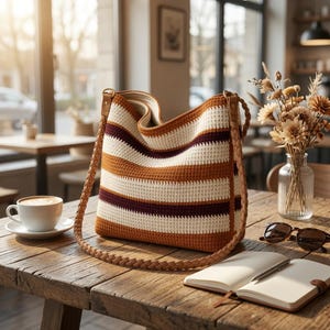 May include: A crochet hobo bag featuring horizontal stripes in cream, burnt orange, and deep maroon. The bag has a braided tan strap attached with metal hardware, a wide opening, and a structured base, showcasing a detailed woven texture throughout.